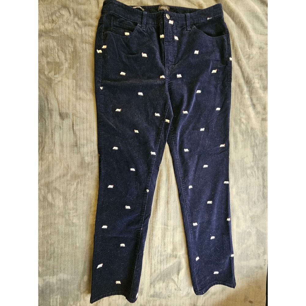 Talbots Navy Blue Corduroy Straight Leg Polar Bear Embroidered Pants Womens 12
